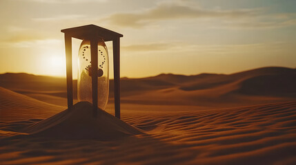 Sand timer in desert at sunset