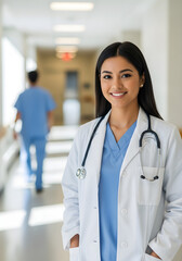 Smiling female doctor in hospital corridor with stethoscope