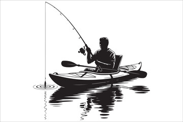 Silhouettes of a fisherman and boat on calm blue water at sunset