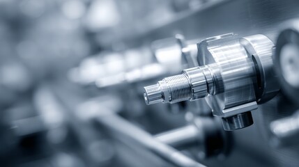 Fototapeta premium Industrial machinery components in a clean metallic setting, showcasing automated assembly line details. 