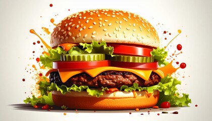 Watercolor painting of a classic burger, soft bun with ingredients like lettuce, tomato, onion, cheese, beef patty, for commercial food branding or packaging design