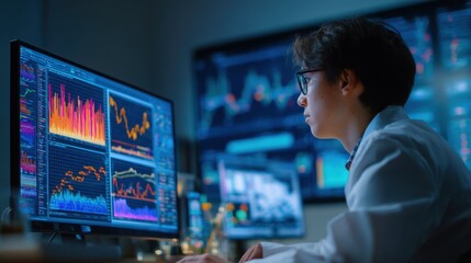 Professional researcher reviews economic indicators on screen refining econometric models to support government policy analysis in a hightech office environment.