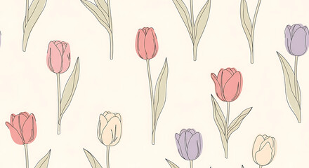 Obraz premium Elegant pattern of handdrawn tulips in a minimalist line art style with soft pastel colors.