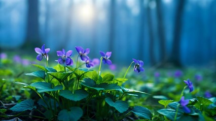 Misty forest floor with blooming purple wildflowers