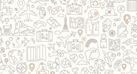 Seamless pattern of minimalist travel icons in a delicate line art style with subtle color accents.