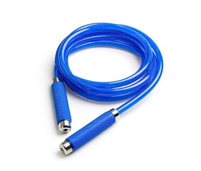 A bright blue jump rope coiled on a white background.  The rope has a smooth, glossy finish and dark-blue, textured handles