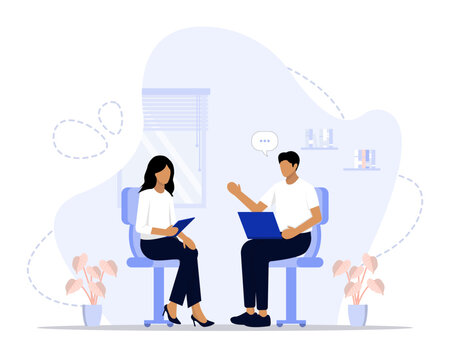 One to one meeting concept illustration. Suitable for landing page, ui, web, App intro card, editorial, flyer, and banner.