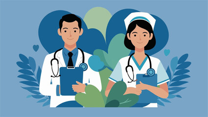 Fototapeta premium Team of medical workers standing on a blue background. Hospital staff. Vector illustration, character design in flat style.