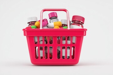 Fototapeta premium A bright red shopping basket overflowing with various medication bottles and pills