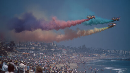 Aerial acrobatics spectacle la jolla beach airshow coastal environment crowd viewpoint vibrant performance