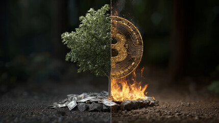 Cryptocurrency crisis bitcoin vs nature digital currency environmental impact forest setting abstract concept