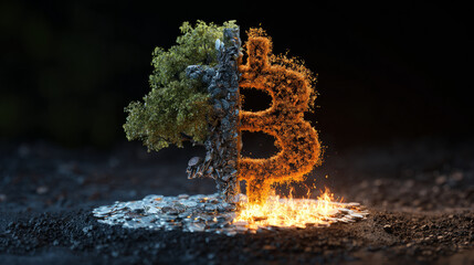 Bitcoin's dual nature environmental impact and economic growth digital currency visual art abstract perspective