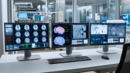 Advanced medical imaging analysis hospital laboratory technology display clinical environment professional perspective