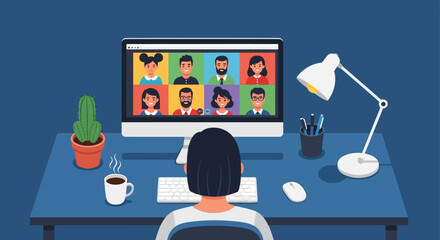 A person engages in a dynamic virtual meeting on a computer screen, fostering remote collaboration and communication from a home office setup.