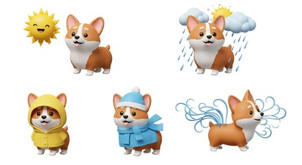 Cartoon corgi dog reacts to different weather