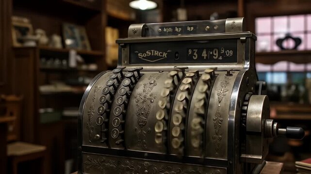 Vintage Mechanical Cash Register with Ornate Design in Dark Metal Finish Loopable Smooth Animation An Old Fashioned Device for Historical Reenactments or Adding Antique Charm To Decoration Or