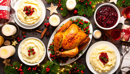 Festive holiday dinner table flatlay with roasted turkey, mashed potatoes, and cranberry sauce