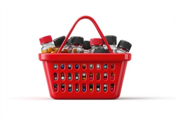 Fototapeta premium Red shopping basket filled with various pill bottles
