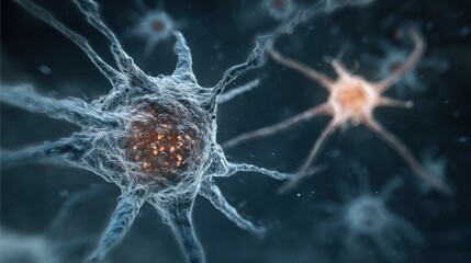 Clear medium shot showing the transition from a sharpedged virus to a neuron with fragmented myelin portraying the underlying mechanism of infectionrelated neurodegenerative