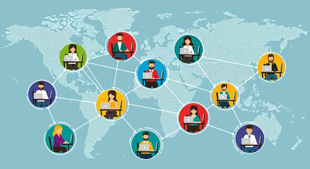 This compelling illustration depicts a diverse global network of professionals collaborating remotely, highlighting interconnected digital communication and worldwide business.