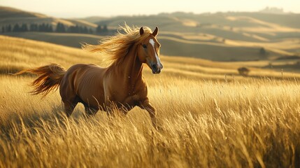 Golden horse running through sunlit grassy field