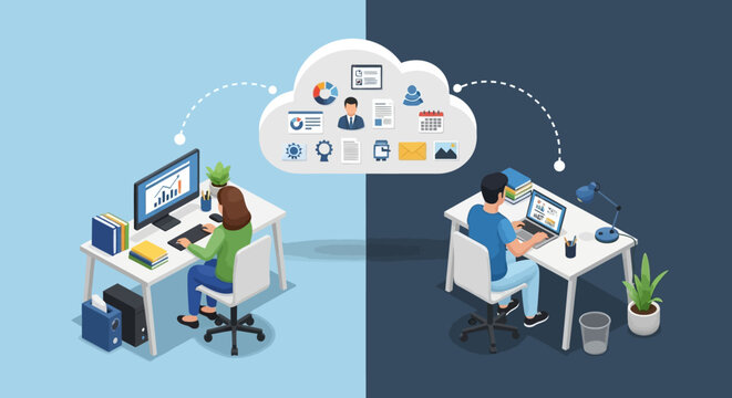 Isometric illustration depicts people working remotely, seamlessly connected by a central cloud computing platform for efficient online collaboration.