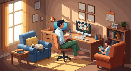 Fototapeta premium A man works from his home office, engaged in a virtual meeting on his computer, while his child is quietly occupied with a tablet in the sunlit room.