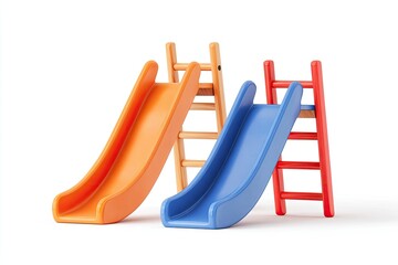 Two colorful plastic children's slides with wooden ladders