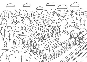 Fototapeta premium Coloring page of city buildings and trees for creative fun activity