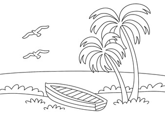 Coloring page of tropical beach scene with palm trees and boat outline