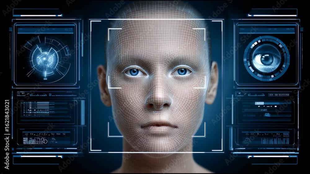 Aufkleber facial recognition technology scanning human face with digital grid overlay and futuristic blue inte