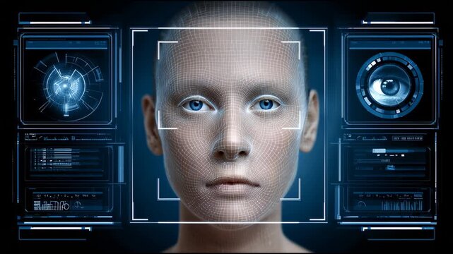 Facial recognition technology scanning human face with digital grid overlay and futuristic blue interface analyzing biometric data for advanced security system and eye scan display