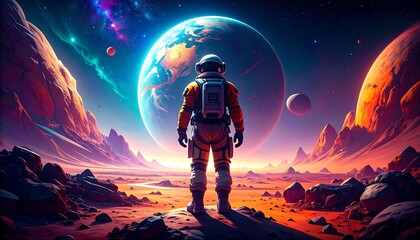 Obraz premium Contemplative astronaut amidst the stark beauty of a distant exoplanetary landscape
