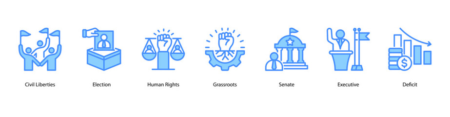 Civil Participation web banner icon vector illustration for civil liberties, election process, human rights, grassroots movements, and legislative systems like senate and executive branches.