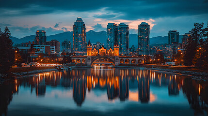 Obraz premium Night view of a city skyline reflected in a calm body of water.