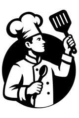 Stylized Male Chef Holding Spatula and Spoon in Black and White Icon