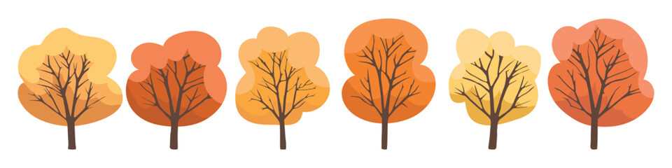 Set of stylized trees, autumn trees isolated on white background, vector design
