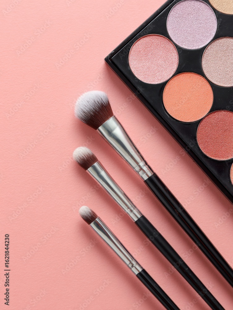 Poster elegant eyeshadow palette and soft brushes arranged beautifully on a matte surface with ample empty 