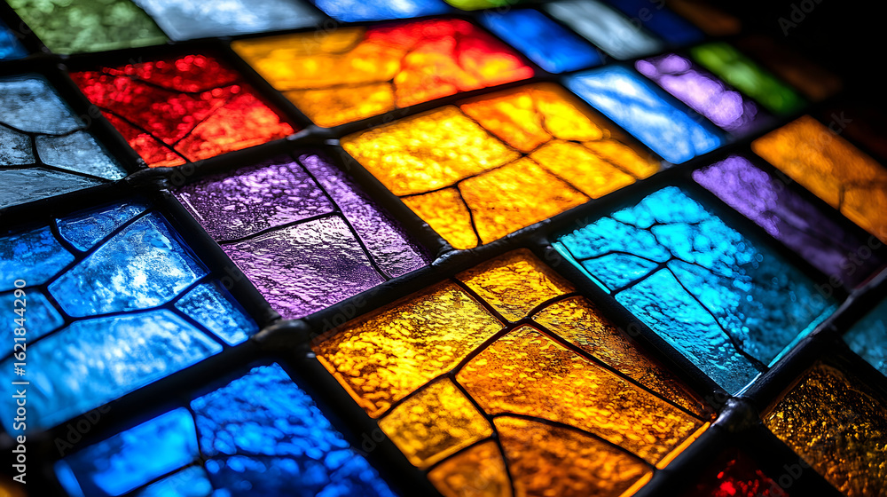 Poster close-up view of a multicolored stained-glass window with a textured surface.