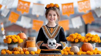 Festive celebrations girl in traditional dress with skulls and marigolds outdoor event autumn vibes