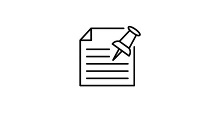 Minimalist line icon of a document pinned with a thumbtack. Vector symbol for office reminders, notes, and task management.