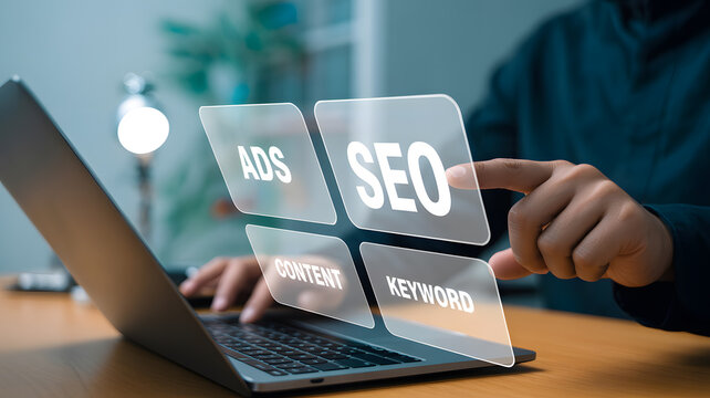 Boost your online presence with dynamic SEO strategies, creating engaging content and using effective keywords for ads and marketing success on your laptop