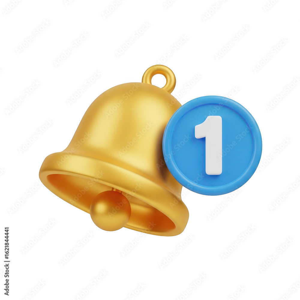 Poster 3d icon of golden notification bell with a blue circle showing the number 1, isolated on transparent