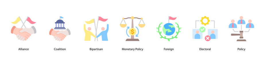 Global Politics web banner icon vector illustration for democracy, international alliances, coalitions, bipartisan systems, monetary policy, and foreign political engagement.