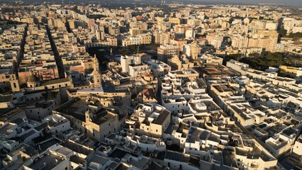 Urban Tapestry: An aerial perspective reveals a sprawling cityscape bathed in the warm glow of sunlight, featuring a mix of architectural styles, Monopoli, Puglia