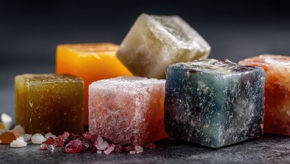 Close-up of colorful ice cubes, varying shades of orange, yellow-green, dark brown, ible