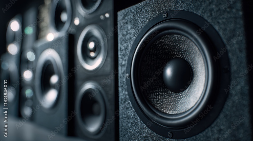 Poster medium shot of modular subwoofer units aligned modularly ai sensor module in crisp focus adjusting o
