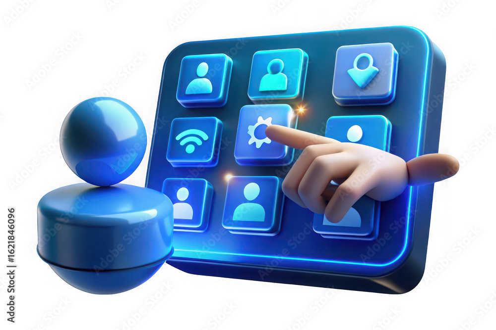 Poster illustration of cartoon hand touching a settings button on a blue digital application interface with