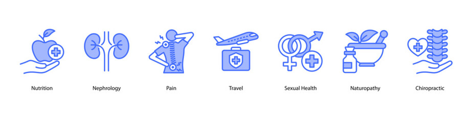 Holistic Health web banner icon vector illustration featuring Nutrition, Nephrology, Pain, Travel, Sexual Health, Naturopathy, and Chiropractic.