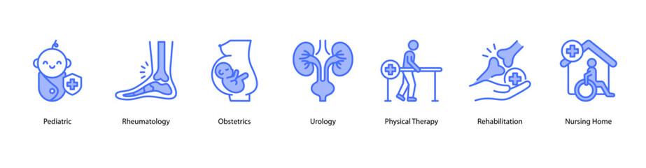 Core Medical web banner icon vector illustration featuring Pediatric, Rheumatology, Obstetrics, Urology, Physical Therapy, Rehabilitation, and Nursing Home.